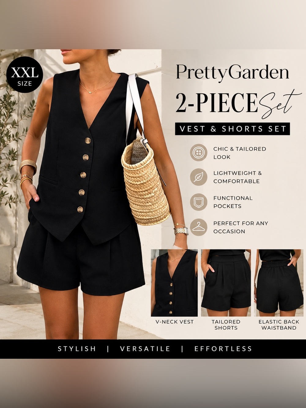 Pretty Garden Women's Black Tailored Vest + Shorts Set - 2-Piece Set, Size XXL
